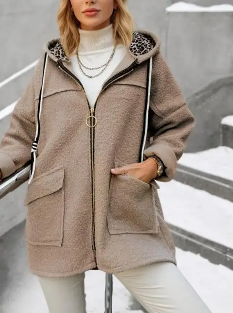 

Women's Winter New Product Fashionable Casual Loose Hooded Collar Fleece Pocket Jacket Fashionable Retro Comfortable Jacket