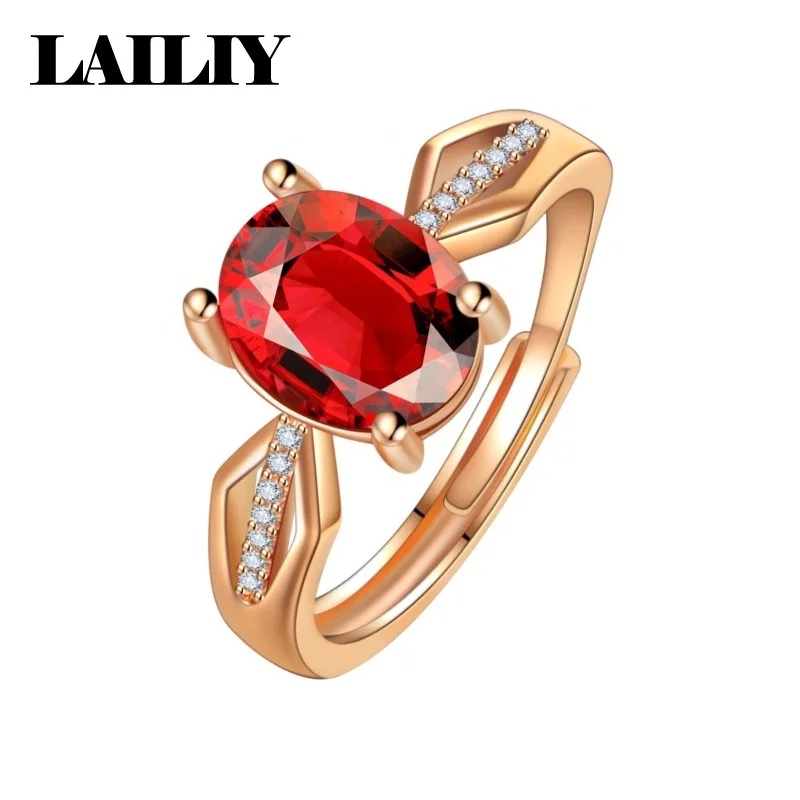 LAILIY925 Sterling Silver Rose Gold Oval Pigeon Blood Red Diamond Adjustable Ring for Women Fashion Jewelry