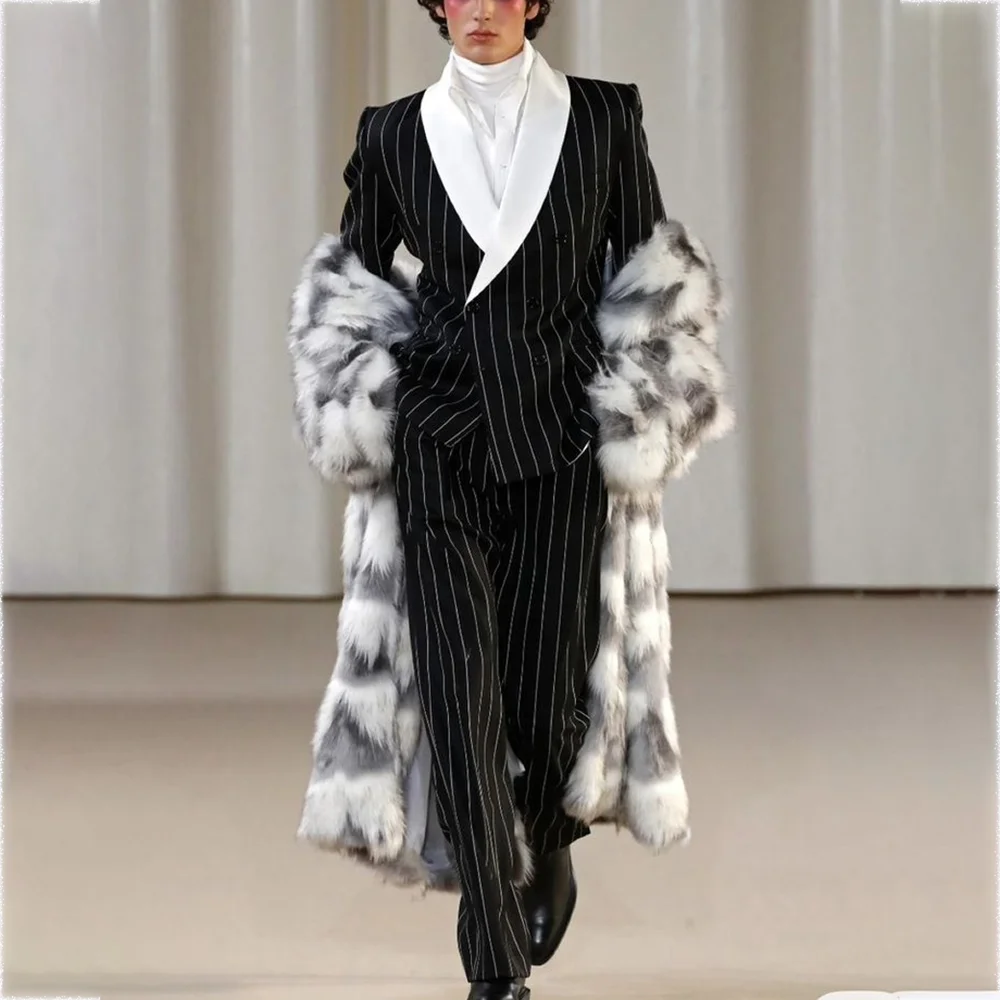 

Black Striped Men Suits Formal Outfits Double Breasted Shawl Lapel Two Piece(Blazer+Pants) Daily Party Prom Male Set Business