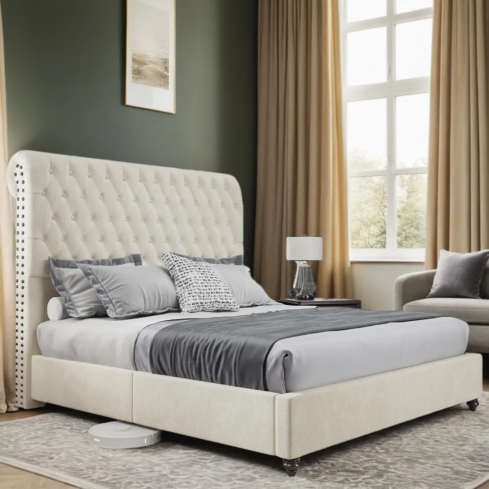 

Каркас кровати с мягкой обивкой Jocisland King Velvet Tufted Sleigh изголовье кремового цвета