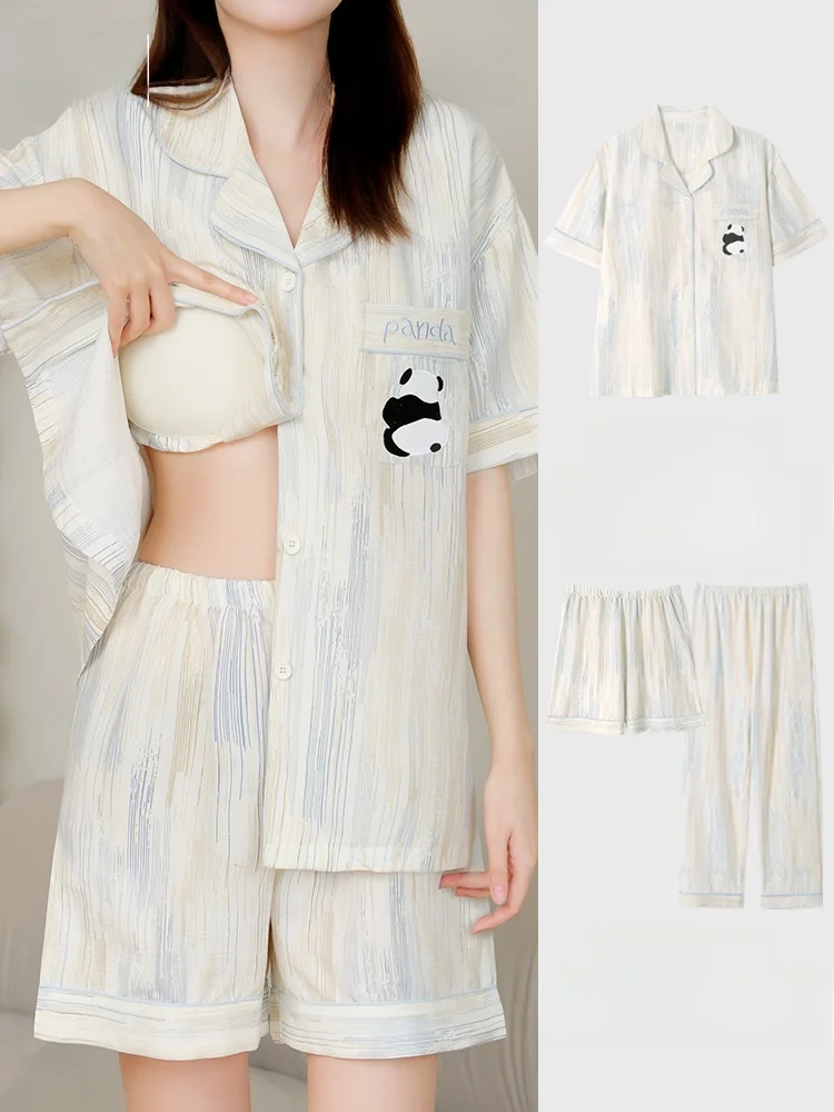 Pure Cotton Women's Sleepwear Set with Chest Pad Short Sleeve Short Pants Three Piece Suit Outwear Casual Summer Comfortable