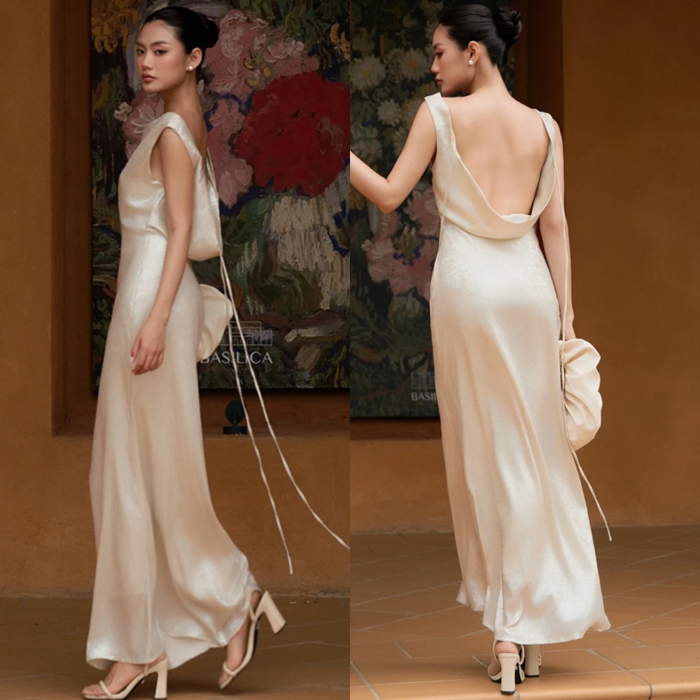 

Customized Fashion Satin Open Back Evening Dress Simple Boat Neck Prom Dresses High Quality Sleeveless Special Occasion Gowns