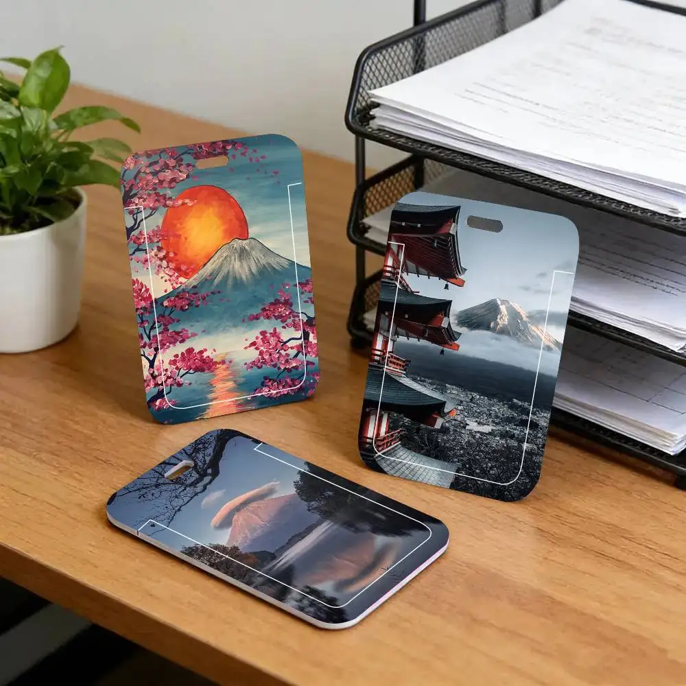 Japanese Cherry Blossom Fuji Mountain Sunset Tokyo Scenery Black Lanyard Card Holders Student Meal Cards And Campus Ids School