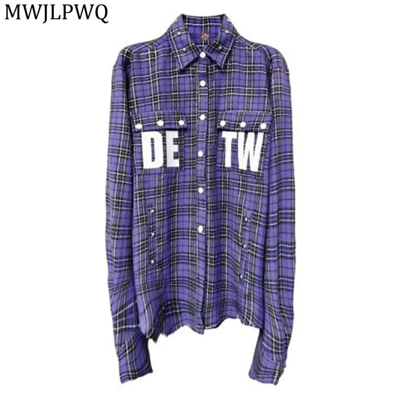 

MWJLPWQ Niche Color-Block Purple Plaid Patchwork Embroidered Shirts Men's Lazy Style High-End Streetwear Unisex Hiphop Top 11609