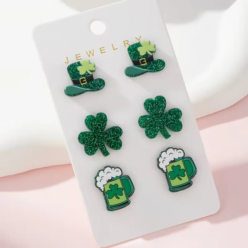 New Shiny Green Clover Beer Mug Hat Design Stud Earrings St Patrick Lucky Shamrock Earring Set