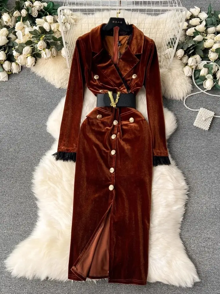 Autumn Winter Luxury Velvet Dress Women Clothing Notched Lion Metal Buttons Split Letter Belt Thick Velour Long Party Vestidos