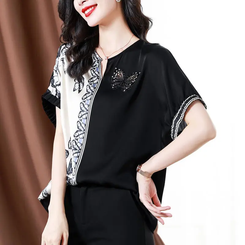 2024 Temperament Printed Patchwork Women's V-neck Fashion Commuting Versatile Short Sleeved Loose Silk Pullover Shirt Tops