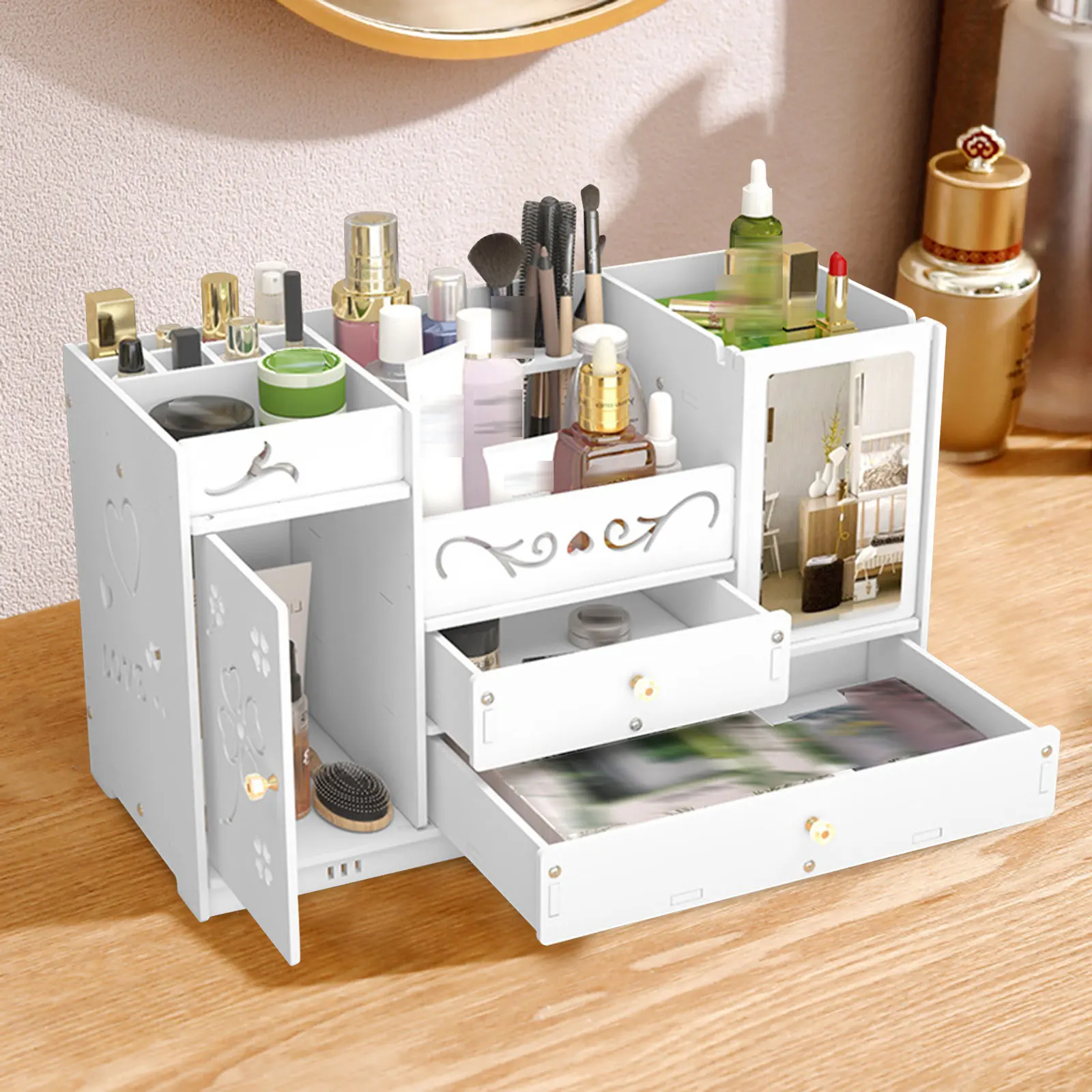 Cosmetic Storage Box Organizer w/ 2 Drawers Desktop for Dresser Bedroom Bathroom, Jewelry Desktop Storage Box PVC