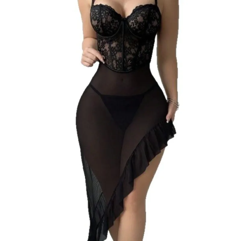 Прозрачный бюстгальтер на косточках, эротический комплект, сексуальное сказочное белье, женская прозрачная кружевная ночная рубашка, пижамные комплекты, нежная сексуальная ночная рубашка