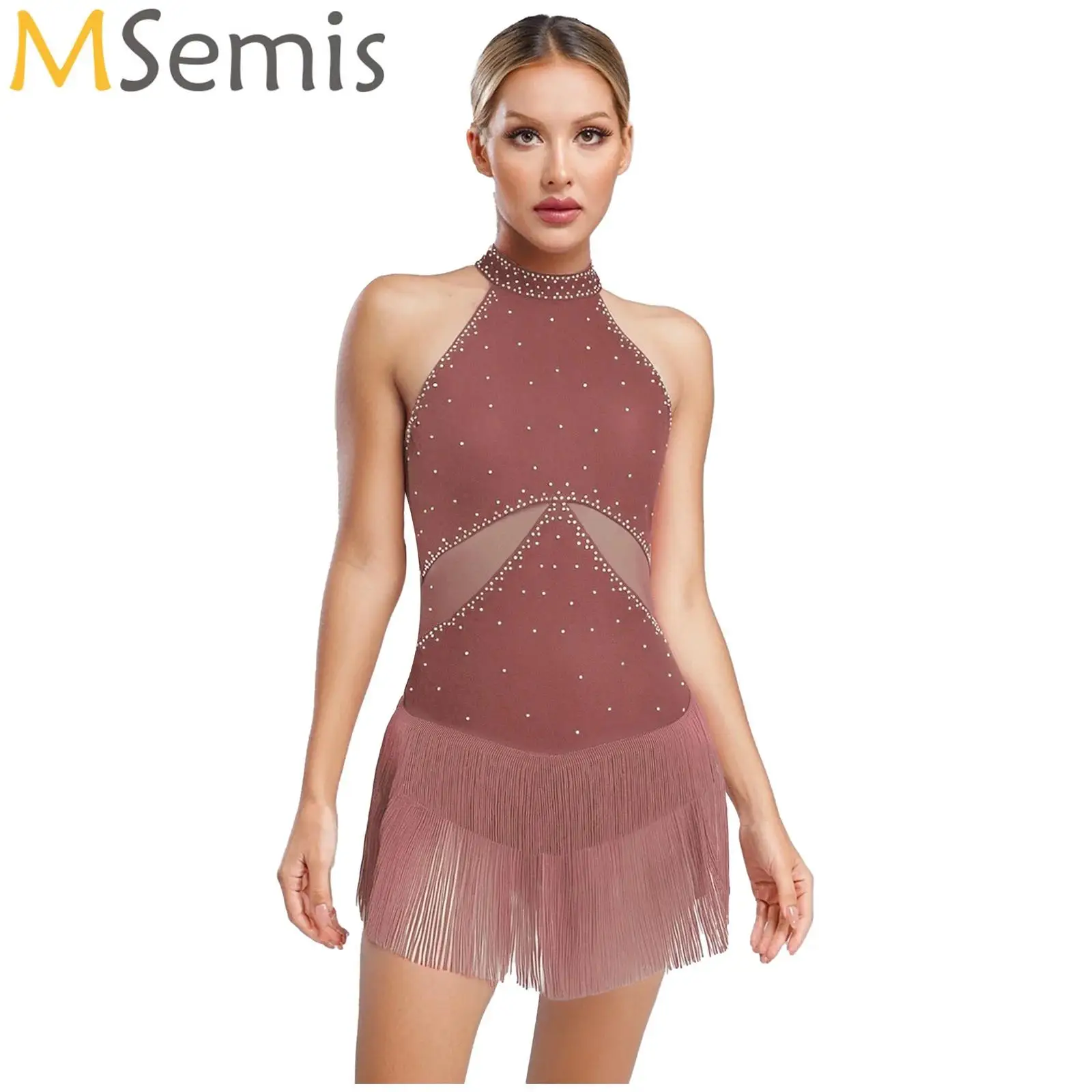 

Womens Latin Chacha Dance Leotard Rhinestone Tassel Mesh One Piece Bodysuit Dress for Modern Rumba Tango Performance Costume
