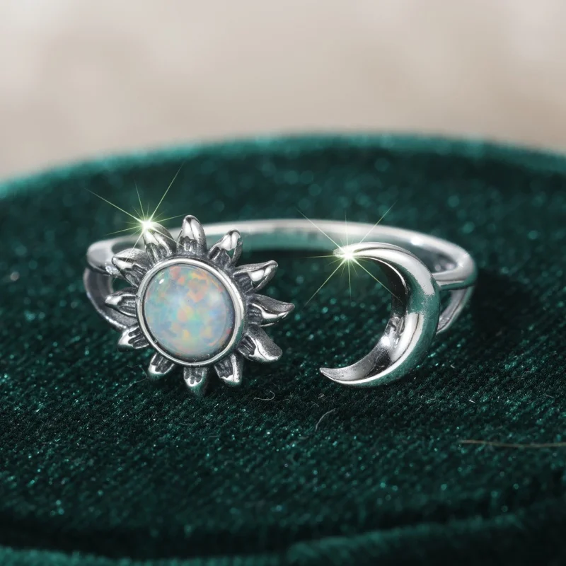 Non Fading High-end White Australian Treasure Sun and Moon Open Ring for Women, Versatile Retro Adjustable Accessories Wholesale