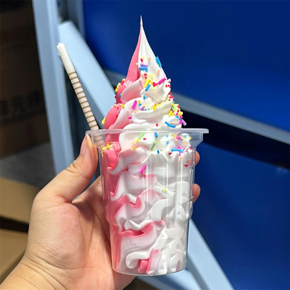 9oz Pink Sweet Candy Mixed Design Original Color Needles Stick White Ice Cream Model Transparent Cup Sundae Soft Serve Snacks