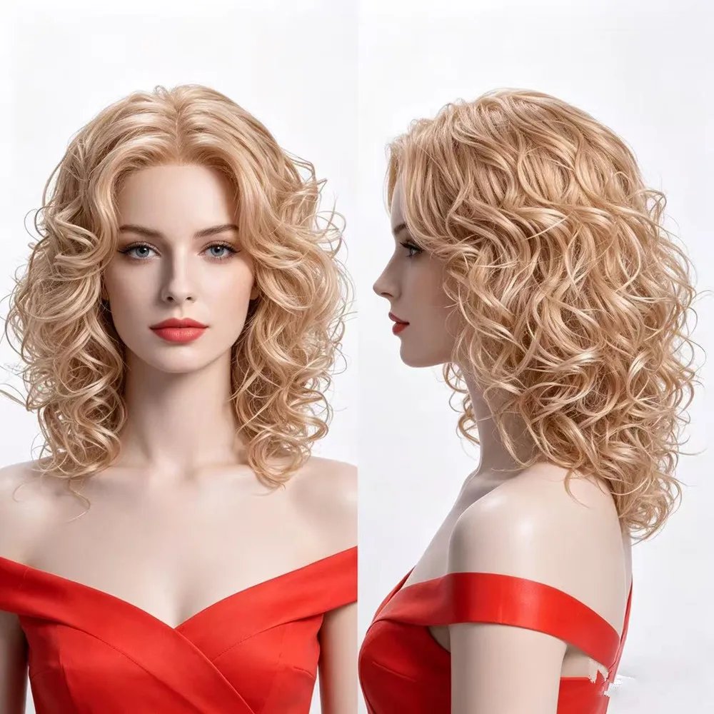 16 Inch Blonde Curly Wig for Women with Bangs Synthetic Heat Resistant Natural Wave Shoulder Length Daily Wear Hair Wig