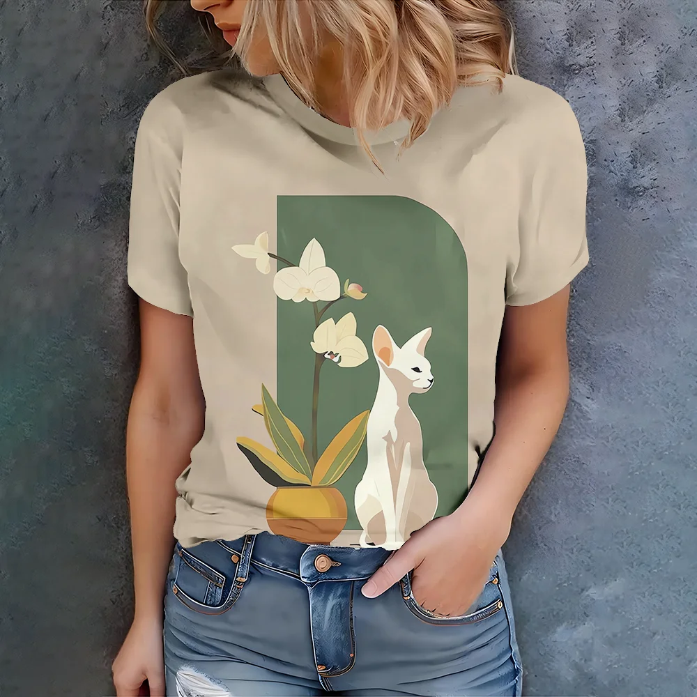 

Fresh and artistic style rice white base cat blue print simple and fashionable casual summer women's short sleeved T-shirt