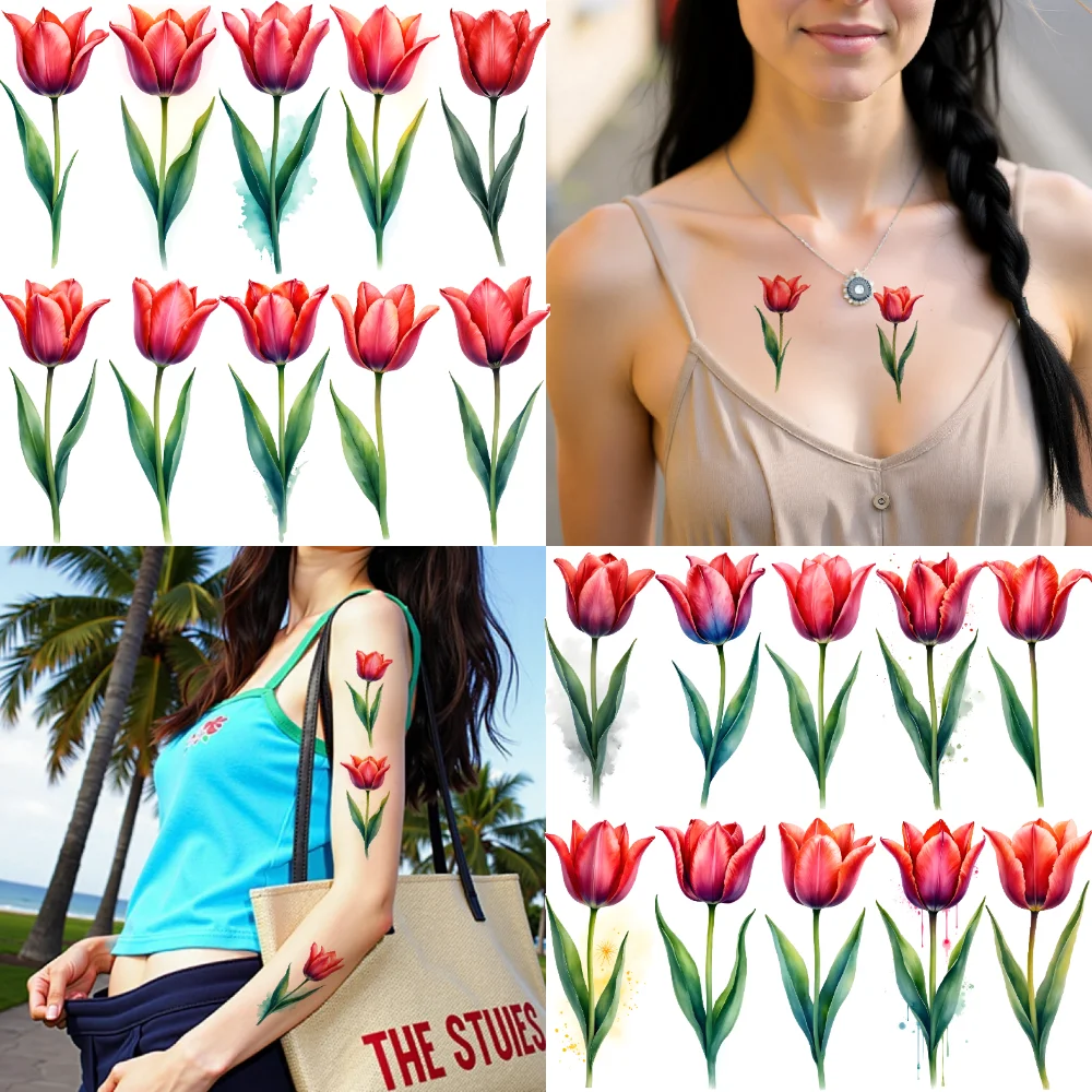 9pcs Temporary Tattoo Tulip Flowers Waterproof Long-lasting Body Stickers Floral Designs Temporary Tattoo Stickers For