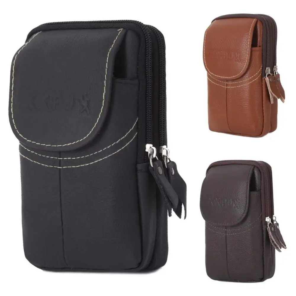 جلد البقر الرياضة في الهواء الطلق الخصر حقيبة عمودي بلون الهاتف المحمول الحقيبة مقاوم للماء متعدد الطبقات حزام الهاتف شنقا الحقيبة