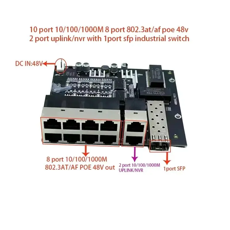 10 port 10/100/1000M 8port 802.3at/af poe in/out 48v with 2port uplink/nvr with 1port sfp industrial switch module
