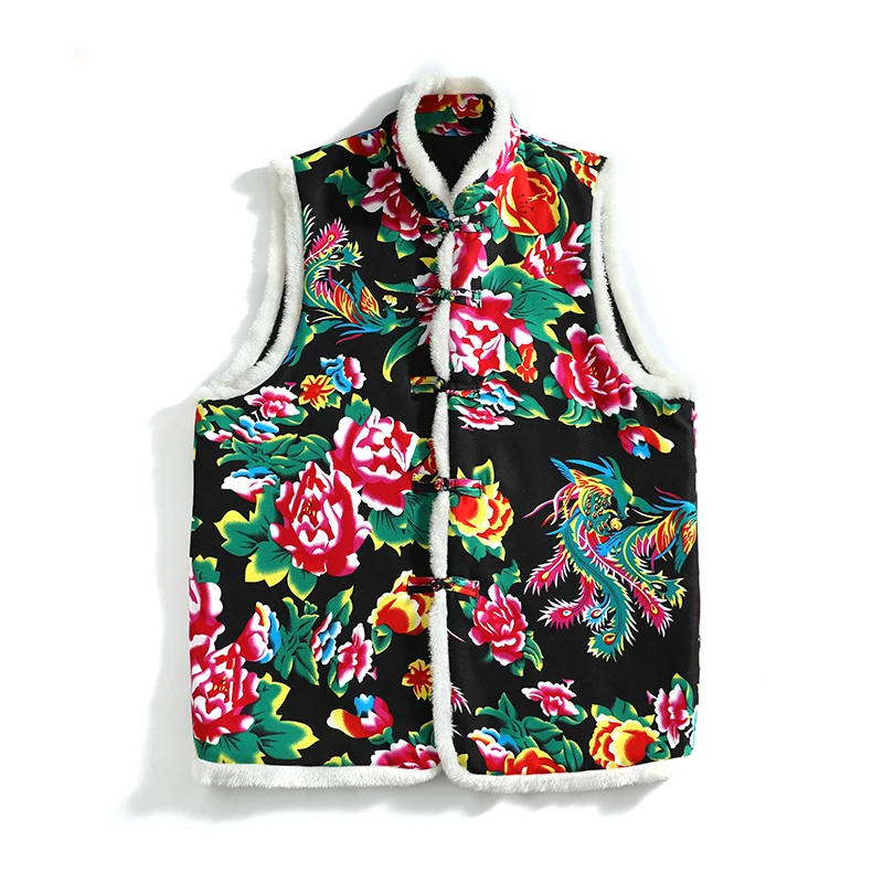 Men Floral Cotton Padded Vest Jacket Chinese Style Winter Men Loose Hanfu Outerwear Women Fashion Vest Man Flower Waist Coats