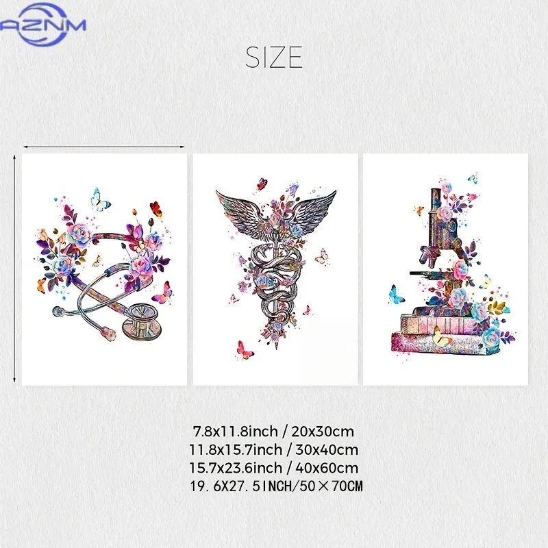 Painting, Poster, Printed Materials, 3pcs/set, 2D, Medical Equipment Poster, Microscope, Stethoscope, Neurology, Psychologist,