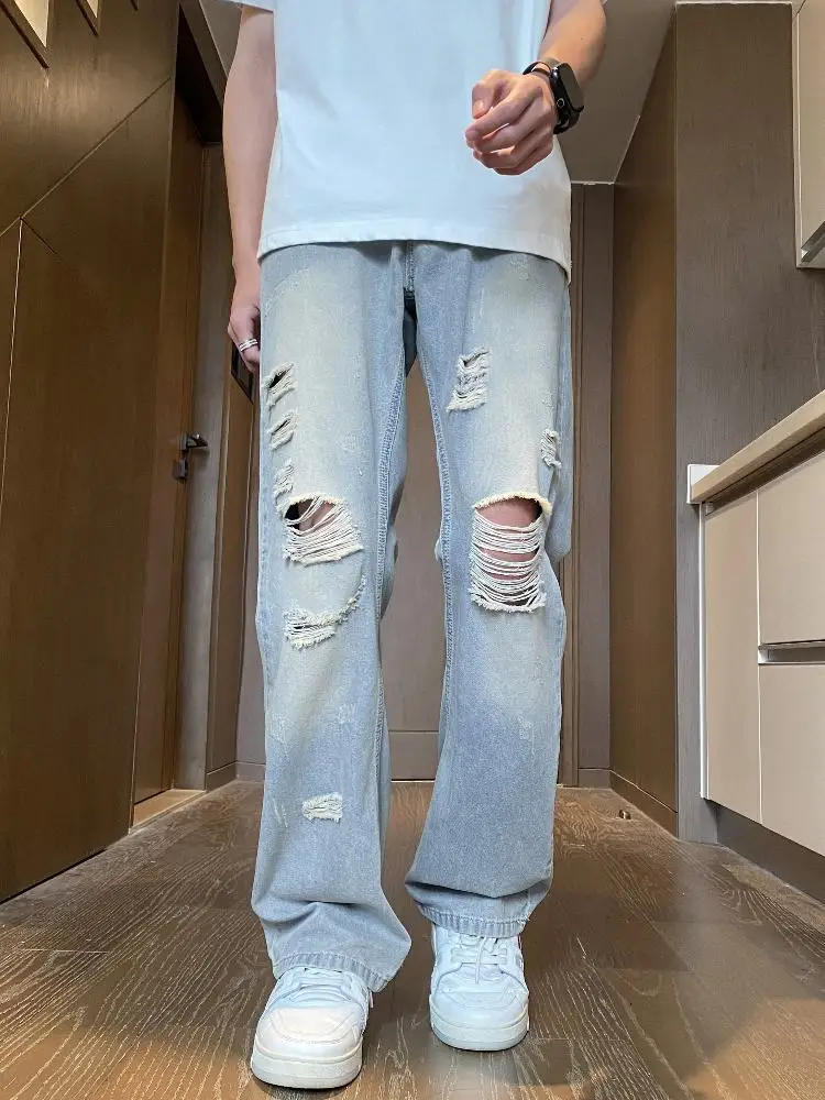 

Мужские джинсы из ледяного шелка, летние, тонкие, свободные, рваные, в американском уличном стиле, прямые, удлиненные брюки до пола