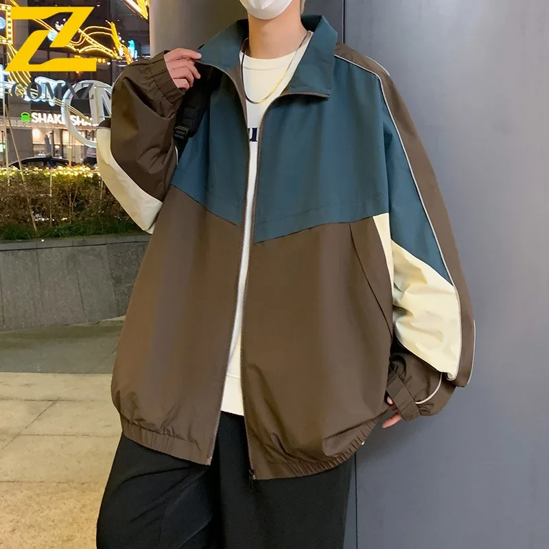 

COMXZ 2025 Mens Womens Vintage Color Block Stand Collar Jacket Spring Streetwear Loose Fit Trendy Couple Casual Coat