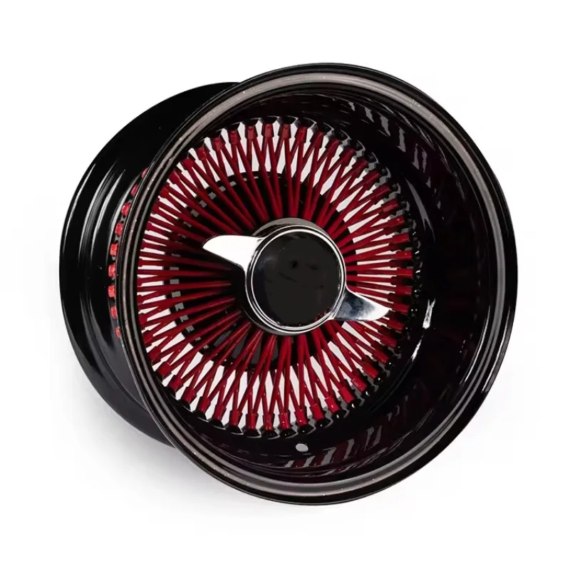 【2026】Customized Black/red 13/14Inch Reverse Deep Dish Straight Lace Spokes 72/100 Spoke 4/5/6lug Wire Wheel