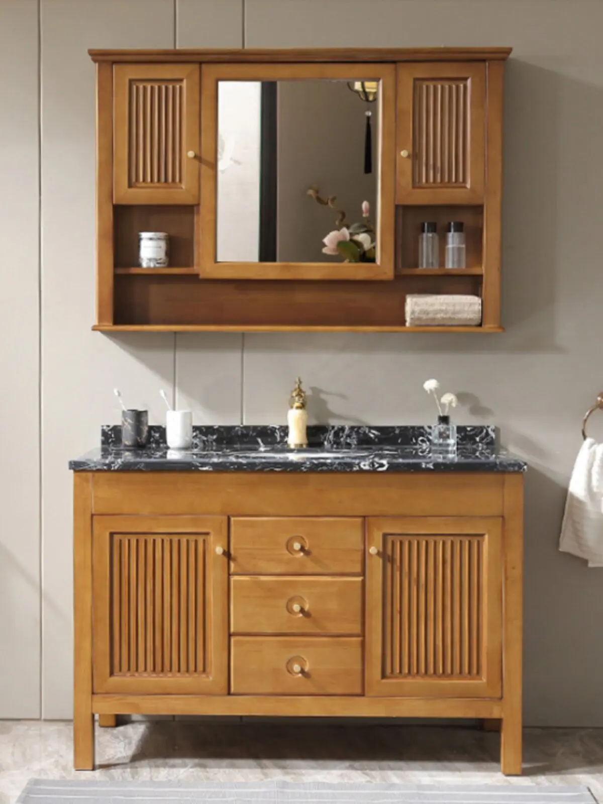 

New Chinese bathroom cabinet, oak washstand, solid wood washbasin combination, floor-to-ceiling bathroom washbasin