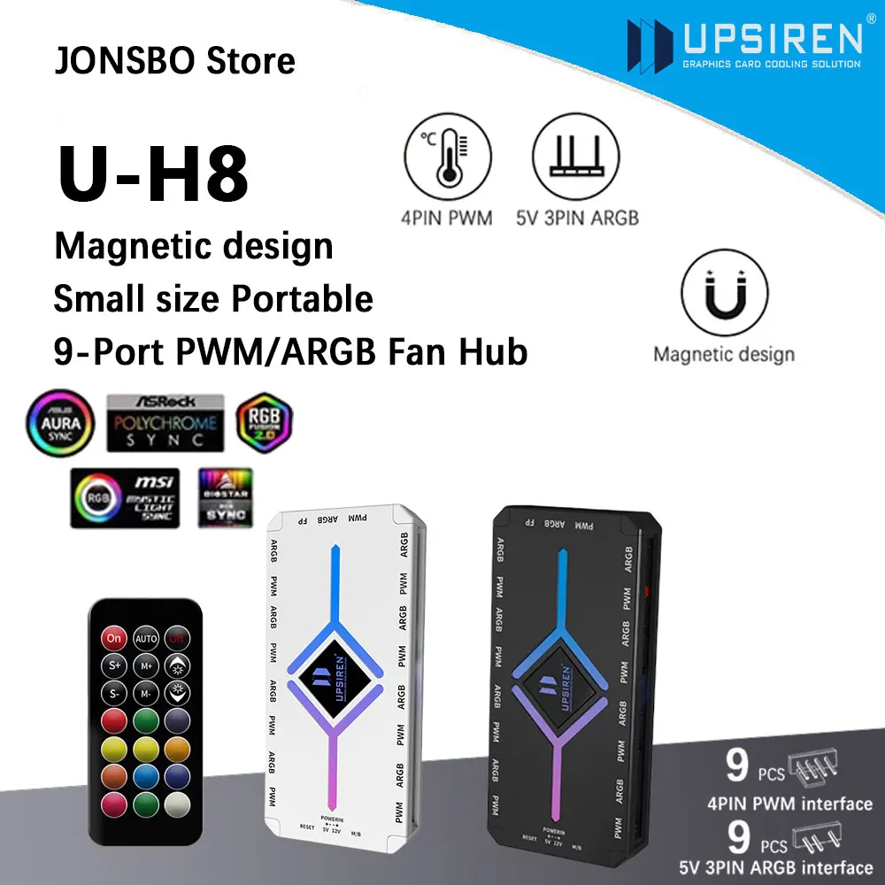 UPSIREN U-H8 5V 3PIN ARGB＆4PIN PWM HUB Computer Case Fan Light Synchronous Bottom magnetic design with Remote Control