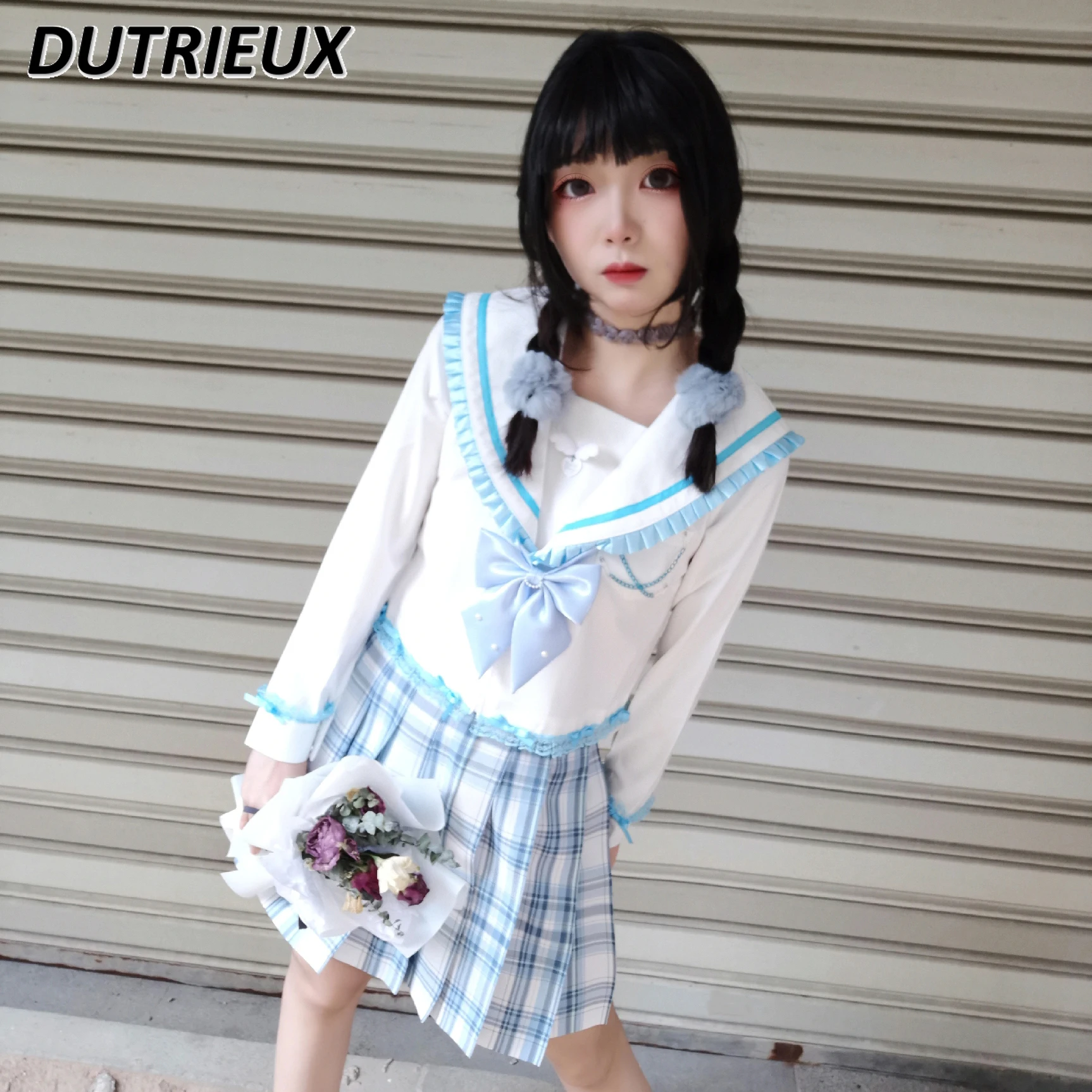 Original Sweet Cool JK Uniform Cute Hot Girl Shirt Spring and Autumn New Sailor Collar Short Blouse White Long Sleeve Top