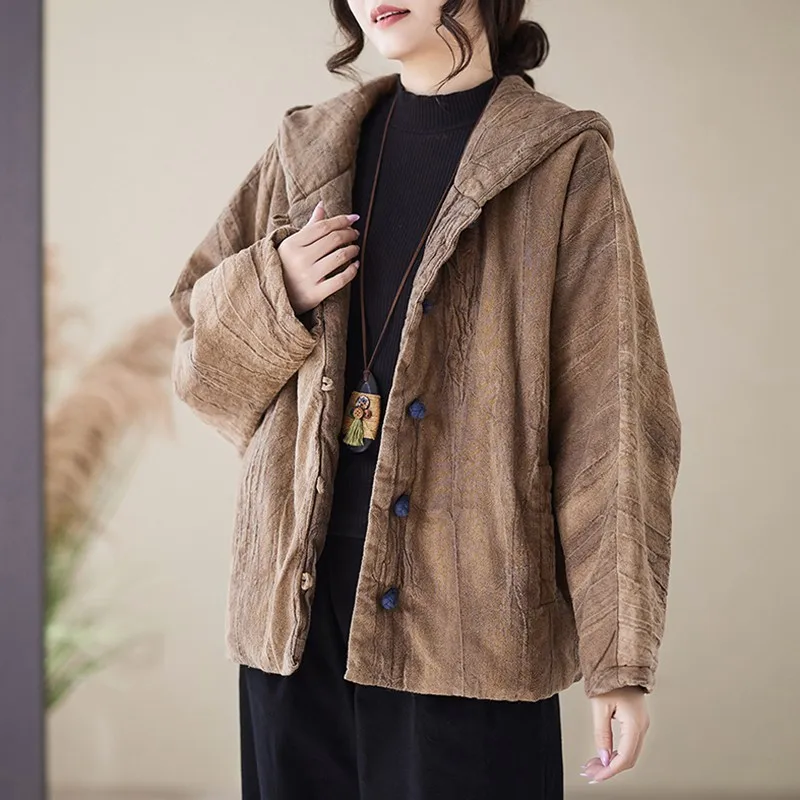 الخريف الشتاء خمر نمط فضفاض الإناث ملابس خارجية غير رسمية معاطف B2020 سميكة الدافئة جاكت مزود بغطاء للرأس المرأة جديد وصول 2025