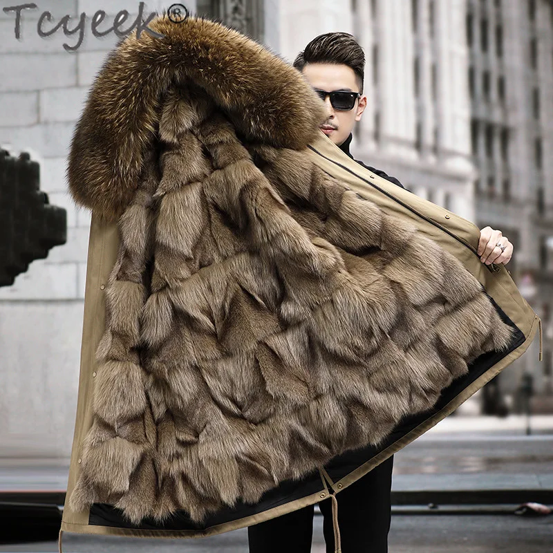 Tcyeek 2023 Raccoon Fur Collar Winter Jacket for Men Warm Fox Fur Liner Detachable Coat Man Clothes Fashion Real Fur Parka Khaki