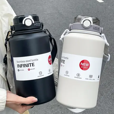 800ml/2000ml Large Capacity Stainless Steel Insulated Water Jug with Handle & Straw, Leakproof Vacuum Thermos Mug for Sports Out