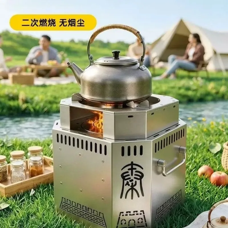 Stainless Steel Wood Stove, Smokeless Gasification Camping Fire Stove, Charcoal Burner for Outdoor Cooking