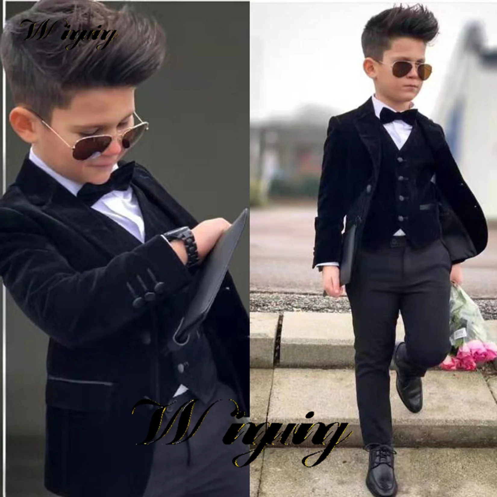 Velvet Boys Suit Jacket Pants Vest Bow Tie Set of 4 Formal Wedding Tuxedo Kids Fashion Design Festival Birthday Blazer