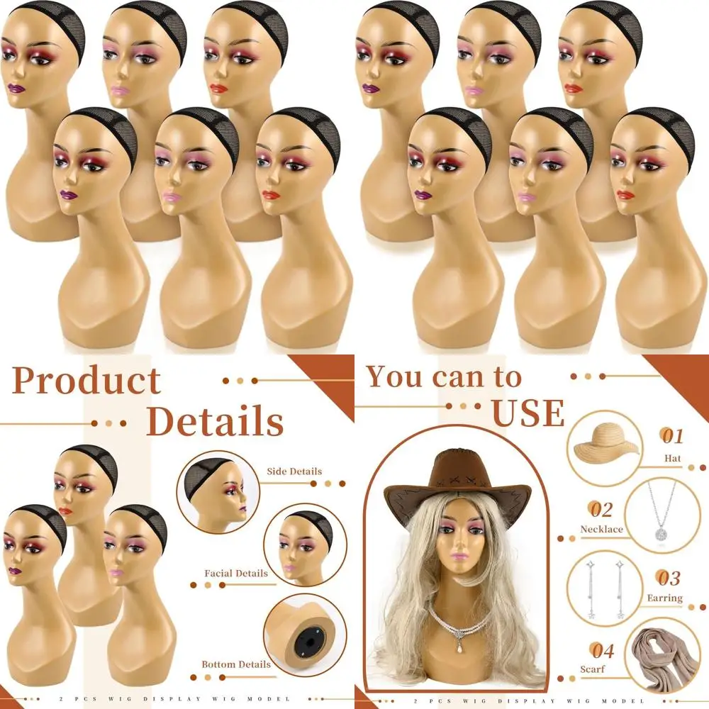 

4-Pack Realistic Female Mannequin Heads for Wigs, 19 Display Heads for Accessories in Brown