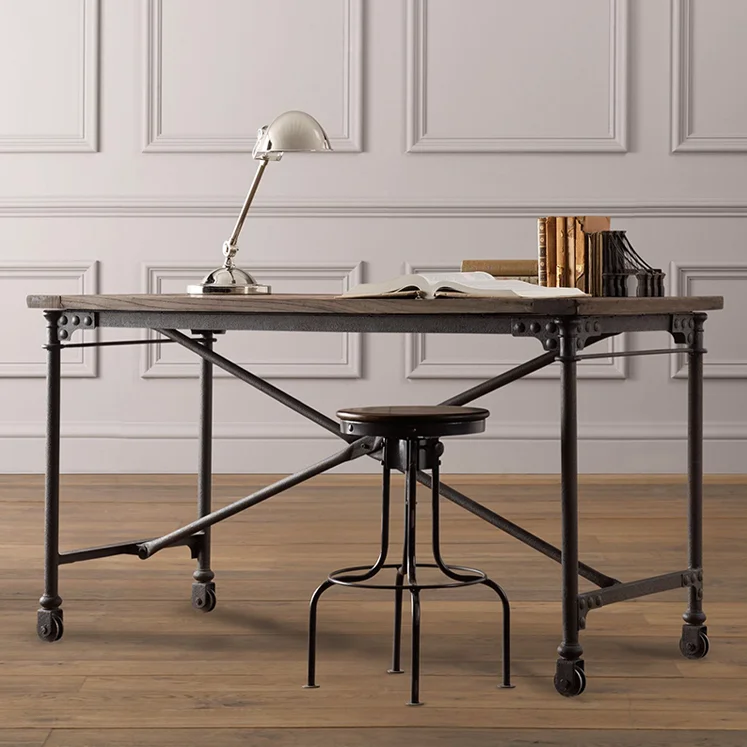 

Industrial style wrought iron solid wood computer table household dining table simple retro desk loft workbench calligraphy