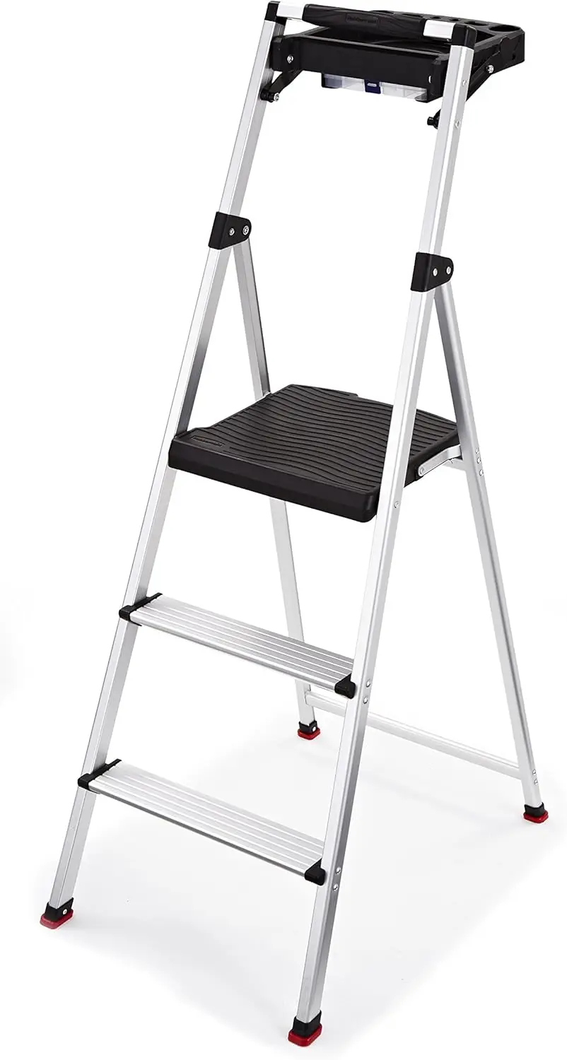 

3-Step Ladder, Aluminum Lightweight Folding Step Stool with Project Tray, Silver, Tested to US Safety Standards, No Assembly Req