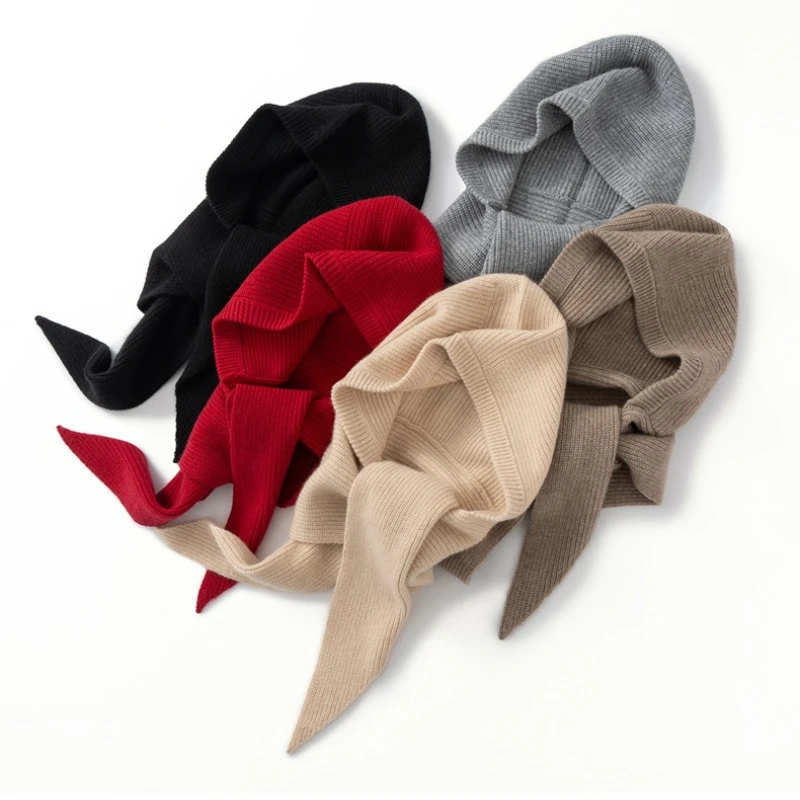 Women Knit Hooded Scarf Hat 2 In 1 Solid Color Tie Strap Knitted Balaclava Windproof Neck Warmer Casual Autumn Winter Headwear