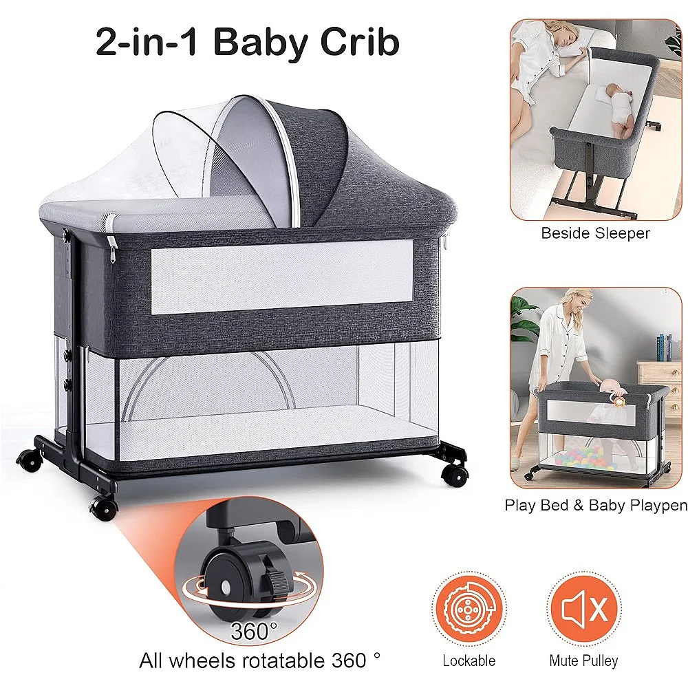 Baby Crib 2 in 1 Bedside Crib Baby Playpen Adjustable Height Rotatable Wheels Cozy Mattress Mosquito for Newborn Baby Infants