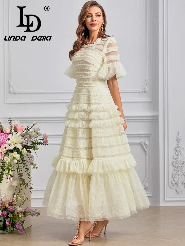 LD LINDA DELLA 2024 Summer Luxury Dress Women's Vintage Solid Color Net Yarn Polka Dot Print Cascading Ruffle Flutter Dresses