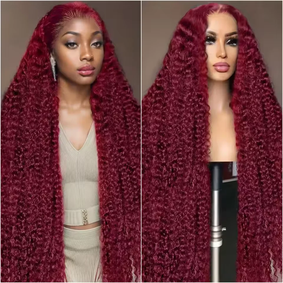 

Парик 99J Burgundy Deep Wave с прозрачным HD-кружевом 13x6, 40-46 дюймов, из бразильских натуральных волос, с предварительно выщипанными прядями и детским волосом, для женщин