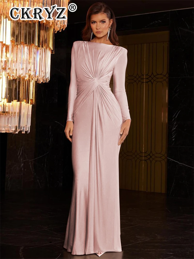 Ladies Autumn Elegant Evening Party Dress Women Long Sleeve O-Neck Ruched Fashion Maxi Dresses Night Club Streetwear Fall Outfit