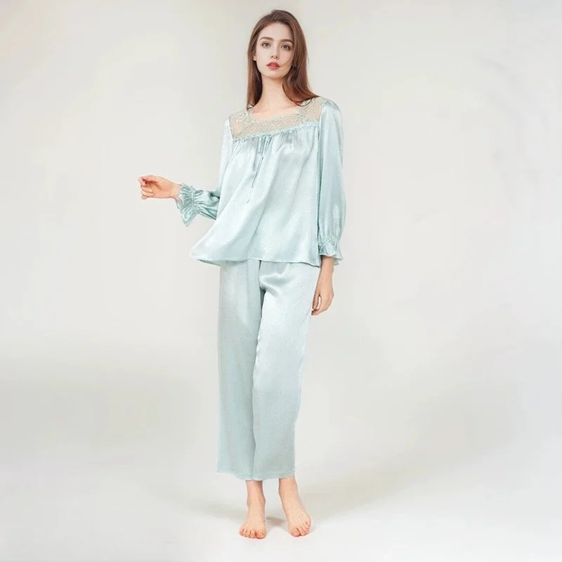

Spring and summer style silk pajamas two-piece set for women - 100% mulberry silk, princess-style long-sleeve square-neck French