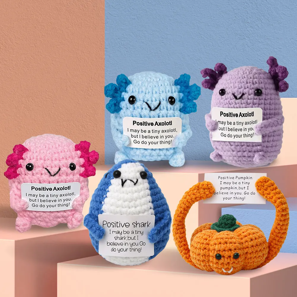 Animal/Pumpkin Crochet Dolls with Positive Card Knitted Wool Doll Handmade Knitted Stuff for Home Decor DIY Birthday Gifts