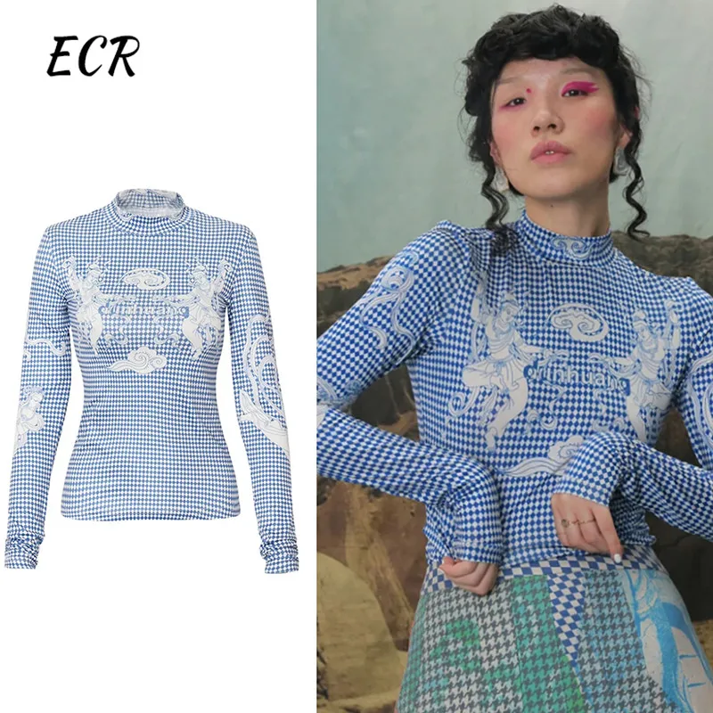 

ECR Print Casual T Shirt For Women Turtleneck Long Sleeve Plaid Hit Color Skinny T Shirts Females Fashion Clothing Style Summer