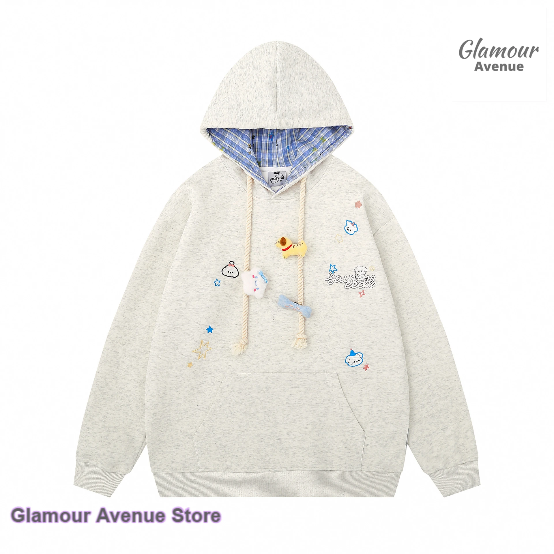 

American embroidered bear plaid hooded sweater women's autumn and winter new loose fashion design couple cardigan Joker coat