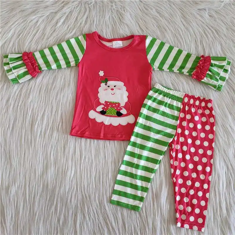 2022 Christmas New Rts Red Santa Claus Green Stripes long Sleeve Shirt Green Stripes Red Dots Pants Fashion High Quality Girls