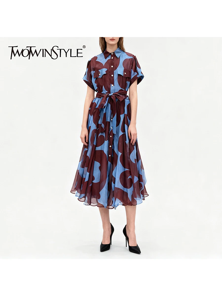 TWOTWINSTYLE Printing Sheer Spliced Buttons Casual Dresses for Women Lapel Sleeveless Patchwork Lace Up Fashion Dress Female New