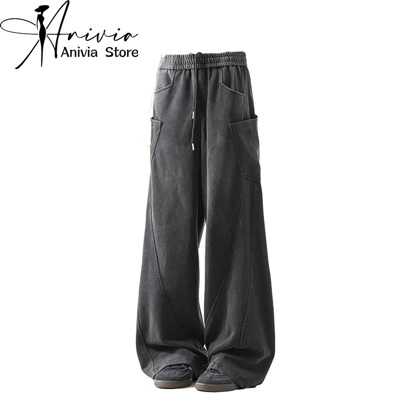 

Women's Black Gothic Pants with Large Pocket Y2K Harajuku High Street Sports Street Dance 90s Retro Loose Wide Leg Pants Clothes
