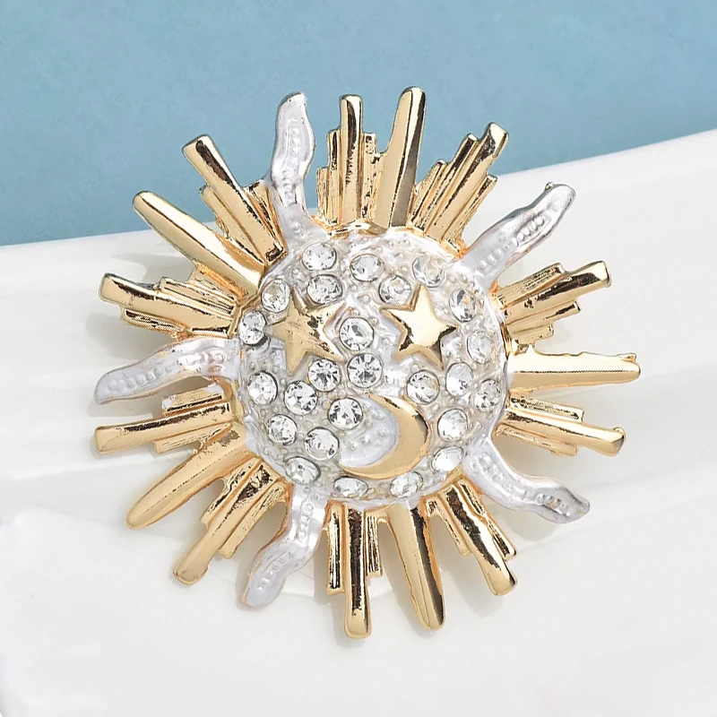 Wuli&baby Shining Lovely Sun Brooches For Women Unisex Rhinestone Star-eyes Moon-mouth Smiling Sun Party Office Brooch Pins Gift